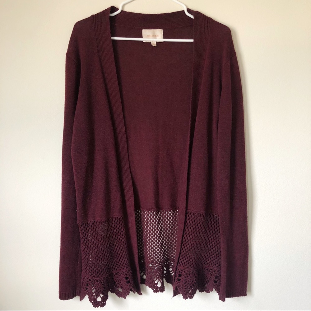 Skies are Blue Maroon Cardigan with Crochet Detail